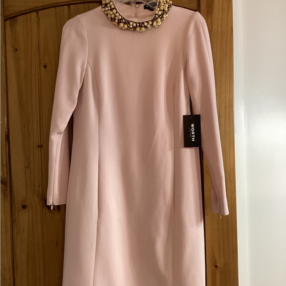 Worth Blush Pink Long Sleeve Dress with Beaded Collar